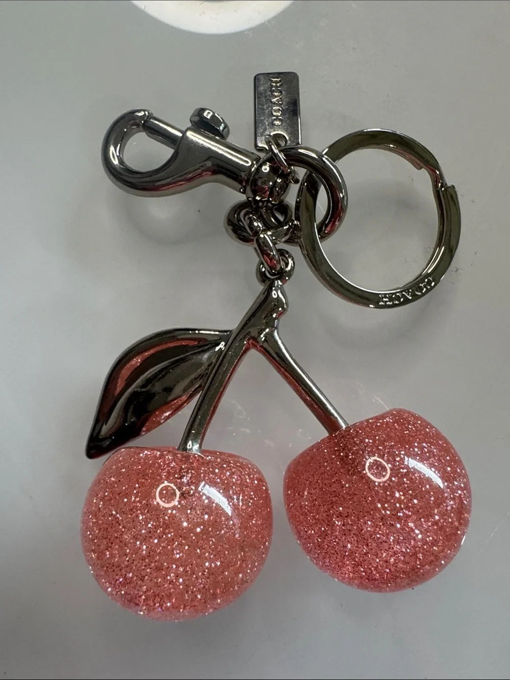 Coach Pink Glitter Cherry Keyring Charm with Silver Hardware